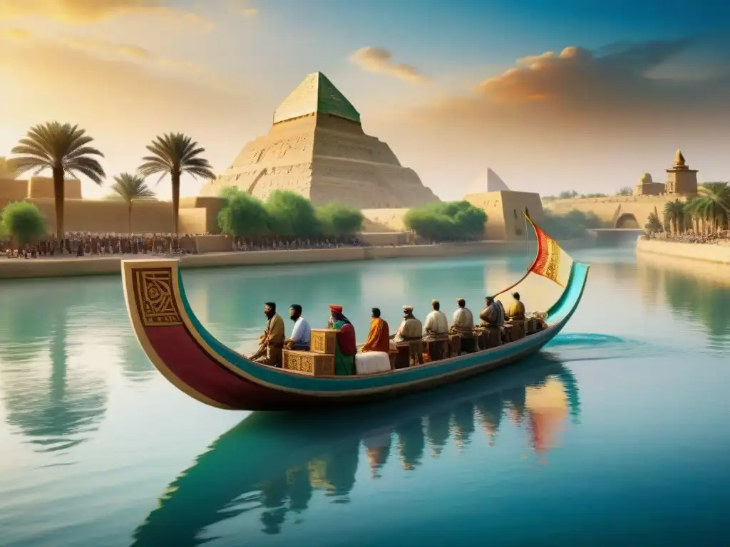 Vibrante escena de barcos antiguos Mesopotamia navegando por ríos, mostrando detalles y tripulación diversa