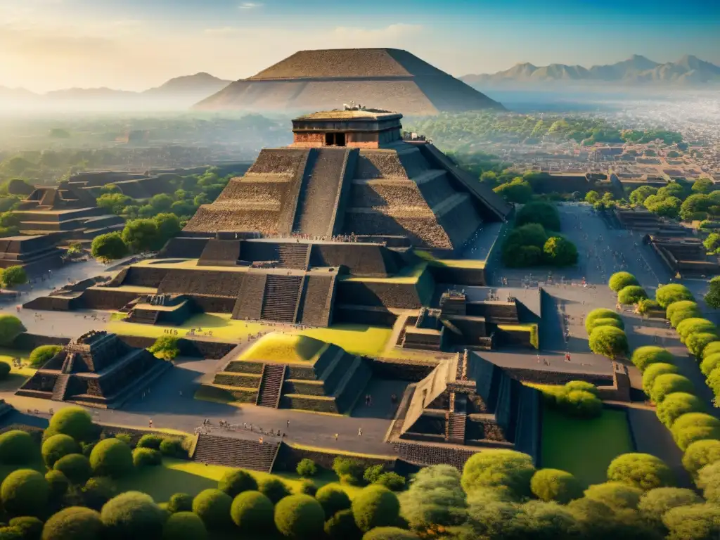 Vibrante escena de comercio en Teotihuacán, civilización antigua, revelando su riqueza cultural y prosperidad económica