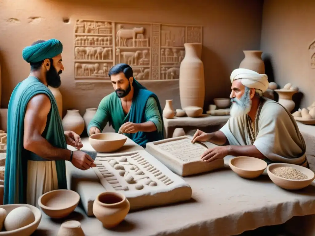 Vibrante escena de la evolución del comercio en Mesopotamia, con mercaderes intercambiando bienes en un bullicioso mercado antiguo