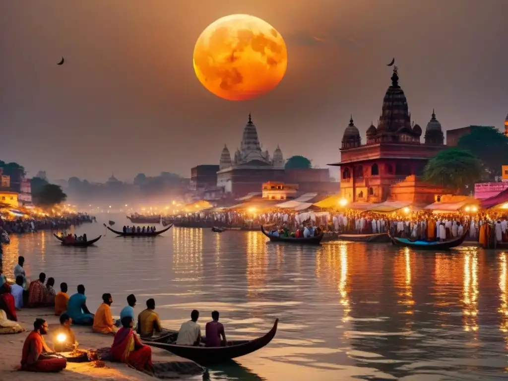 Vibrante escena de un eclipse solar en la antigua Varanasi, con el río Ganges y adoradores en los ghats