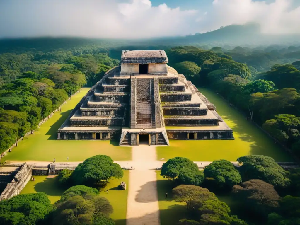 Vibrante escena de juego en la antigua cancha de pelota maya en Chichén Itzá, con jugadores en acción y grabados en piedra