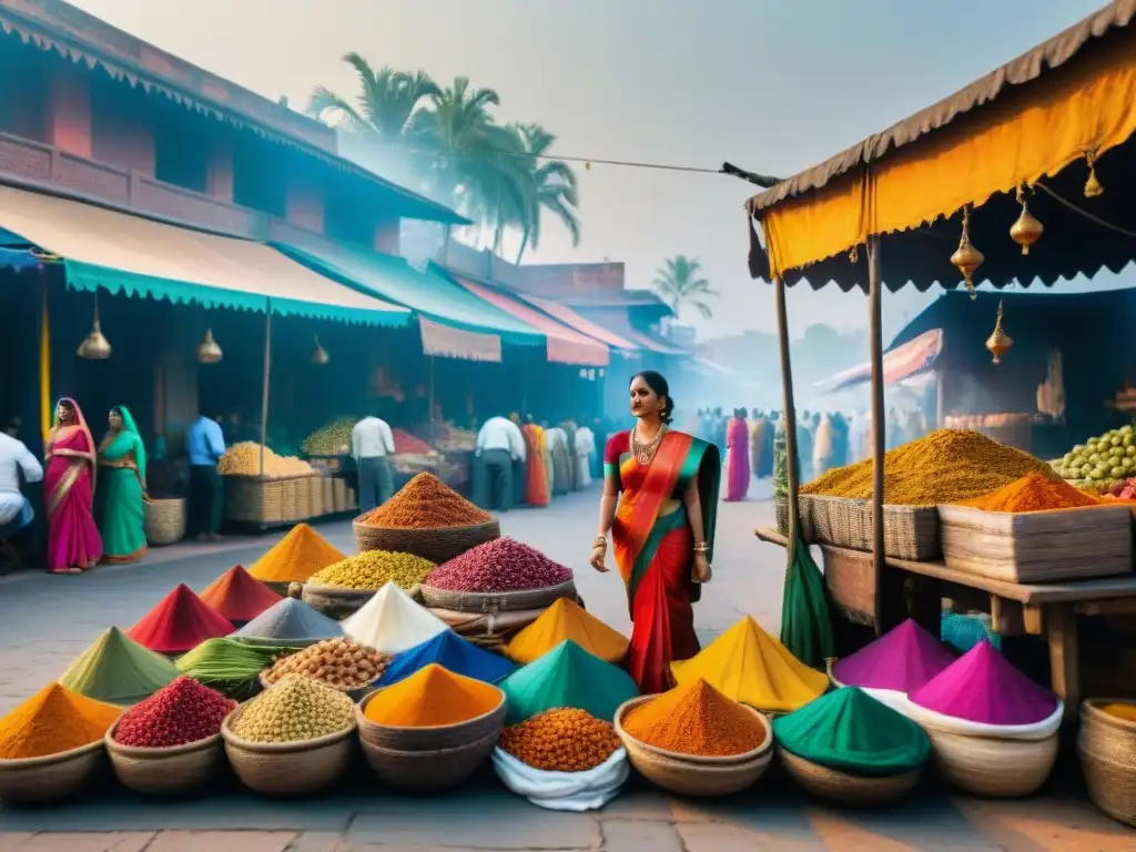 Vibrante escena de mercado callejero en la India antigua con saris coloridos, especias y puestos de comida