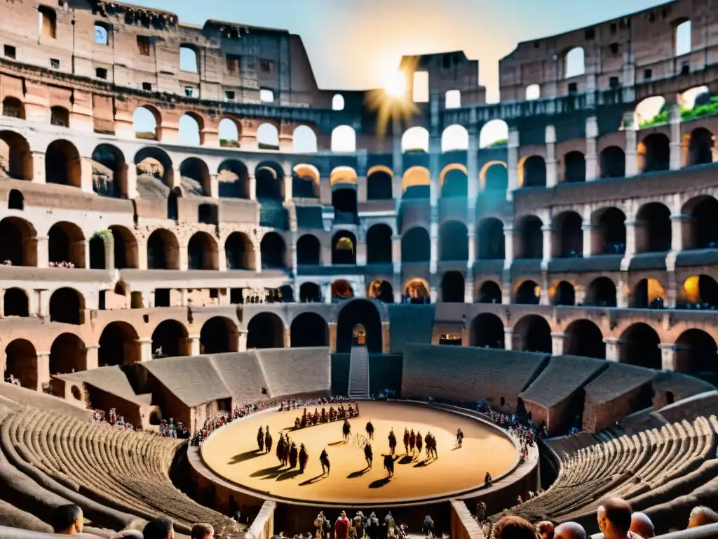 Un vibrante espectáculo de gladiadores en el Coliseo Romano, con espectadores diversos y la grandiosa arquitectura iluminada por el sol poniente