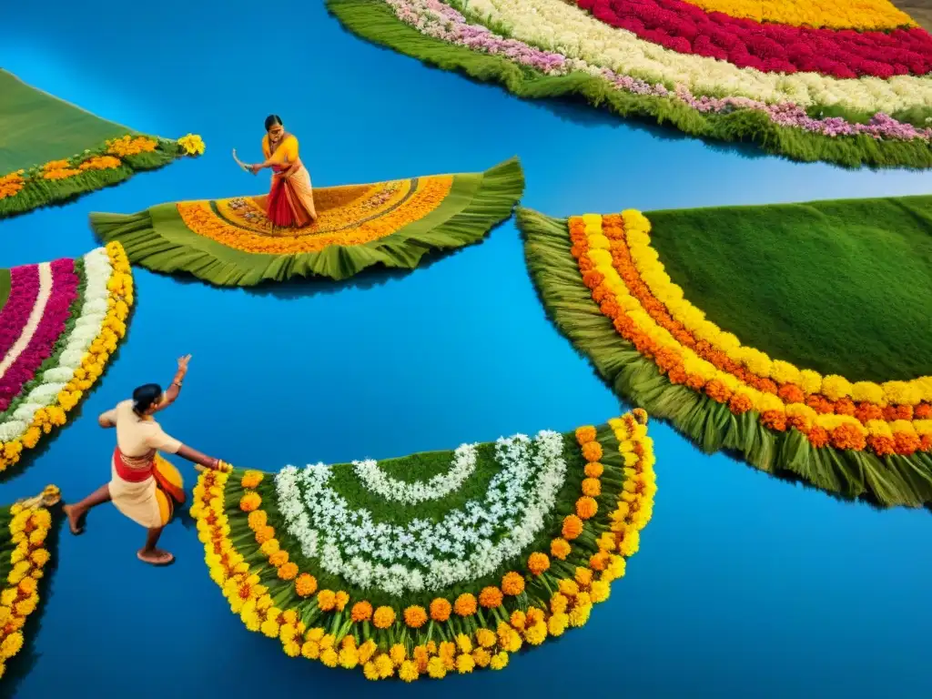 Vibrante festival de la cosecha en un pueblo tradicional de la India durante el festival de Onam, con danzas y alfombras de flores Pookalam