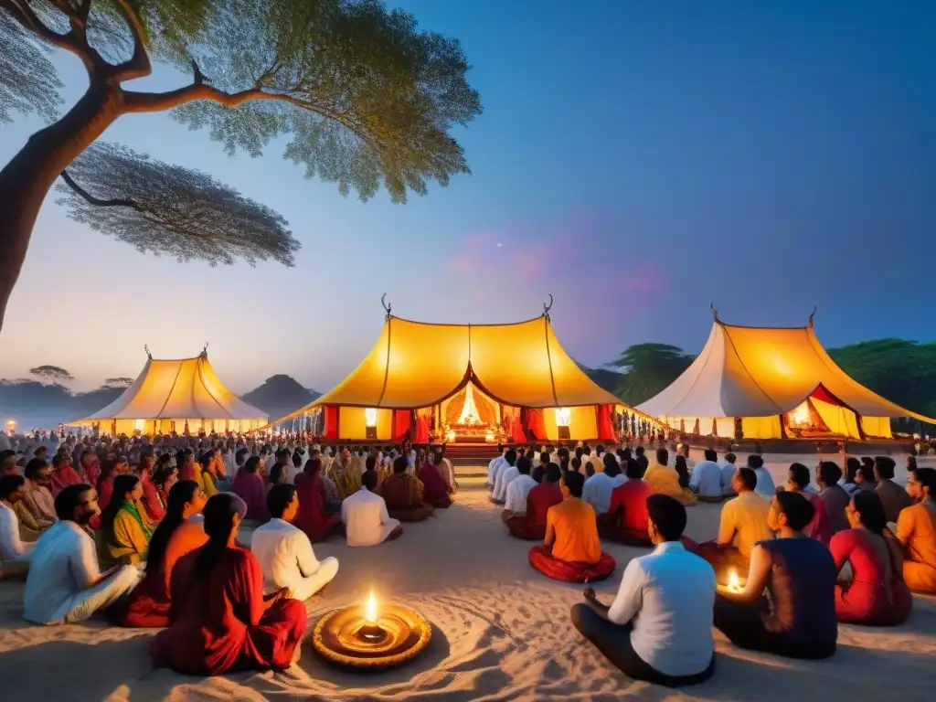 Vibrante festival cultural en un ashram en India para meditar, con tiendas coloridas, lámparas de aceite y meditadores bajo un árbol banyan