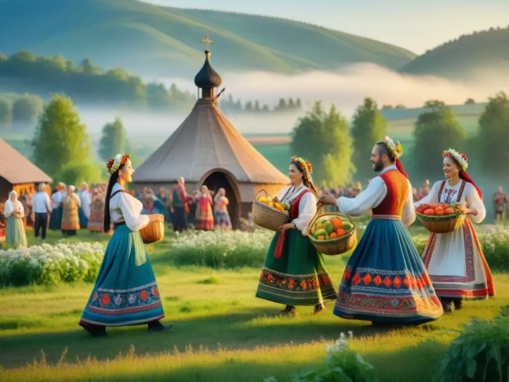 Vibrante celebración de festividades agrícolas antigüedad eslava en un campo verde, con bailes alrededor de una fogata al atardecer