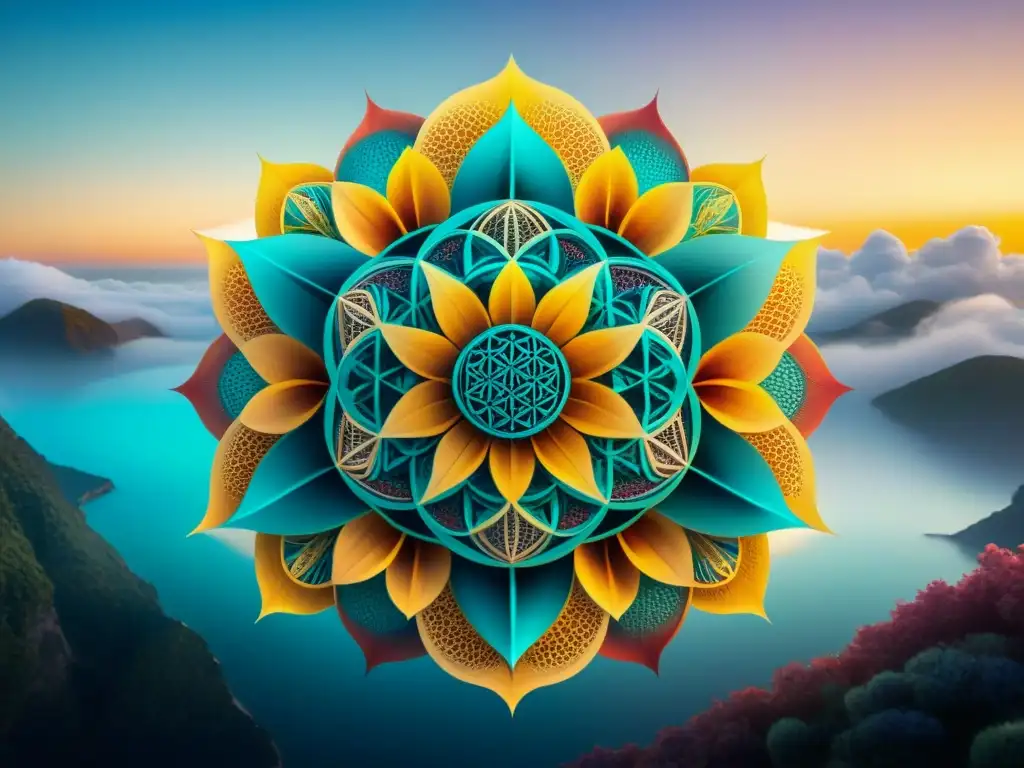 Un mandala vibrante con la Flor de la Vida en el centro, rodeado de intrincados diseños geométricos en colores vibrantes