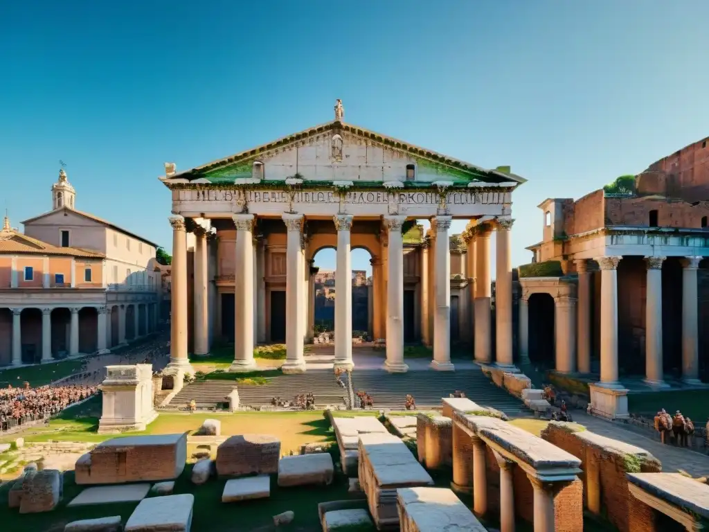 Un vibrante foro romano con oradores persuadiendo a la multitud, capturando la esencia de la palabra y persuasión en Roma