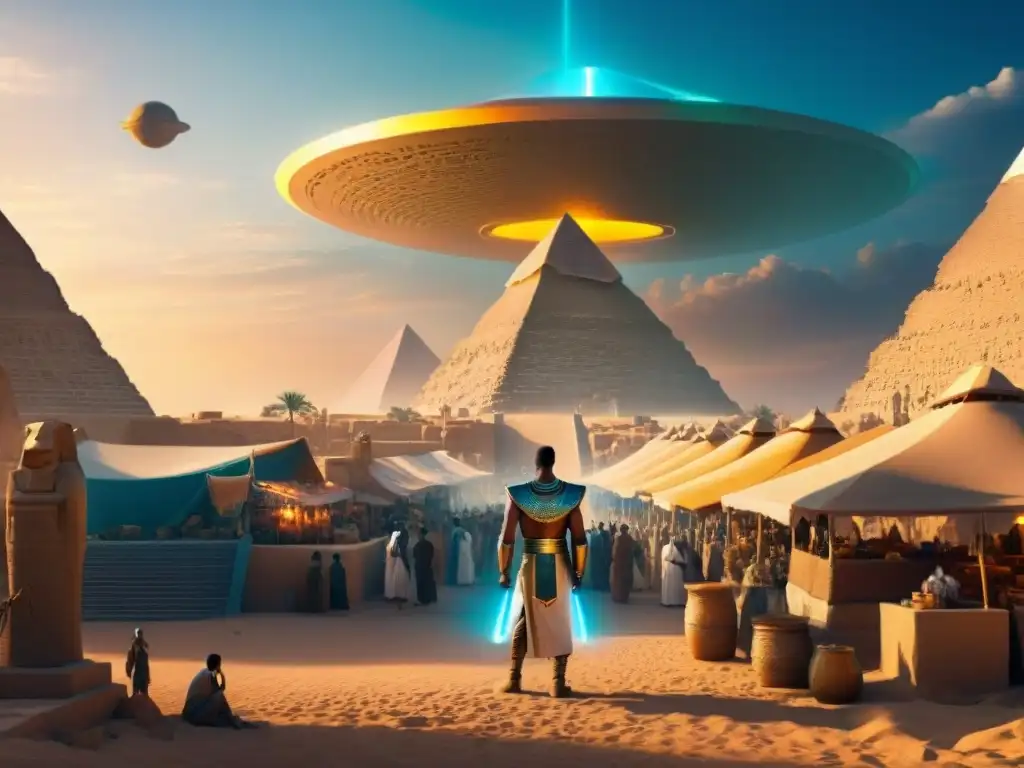 Vibrante fusión futurista de la arquitectura egipcia en ciencia ficción, con pirámides neon y robots