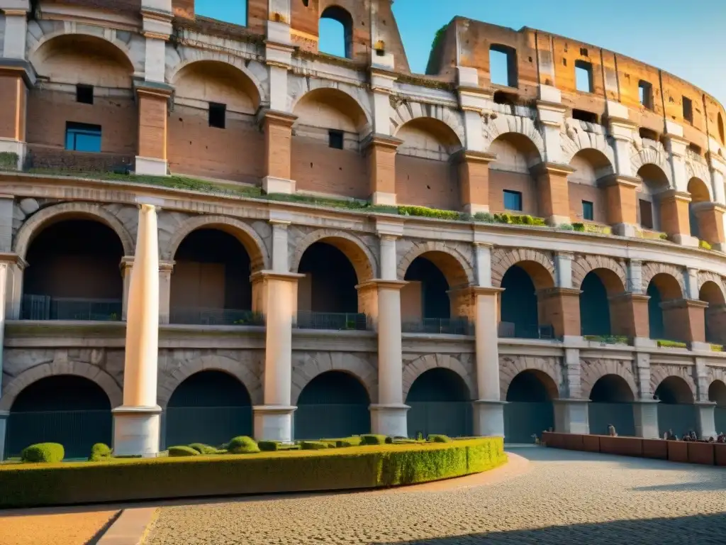 Vibrante imagen del majestuoso Coliseo romano, con luces dramáticas creando sombras profundas en la piedra desgastada