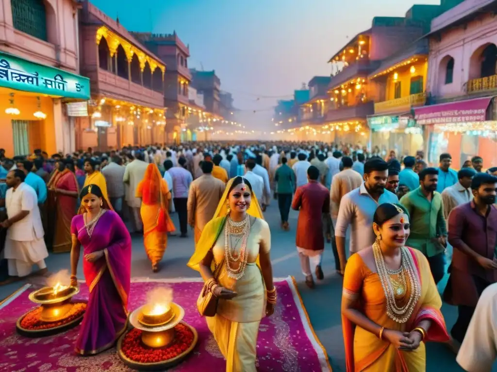 Vibrante celebración de Janmashtami en Mathura, India, con coloridas decoraciones y devotos en un bullicioso ambiente festivo