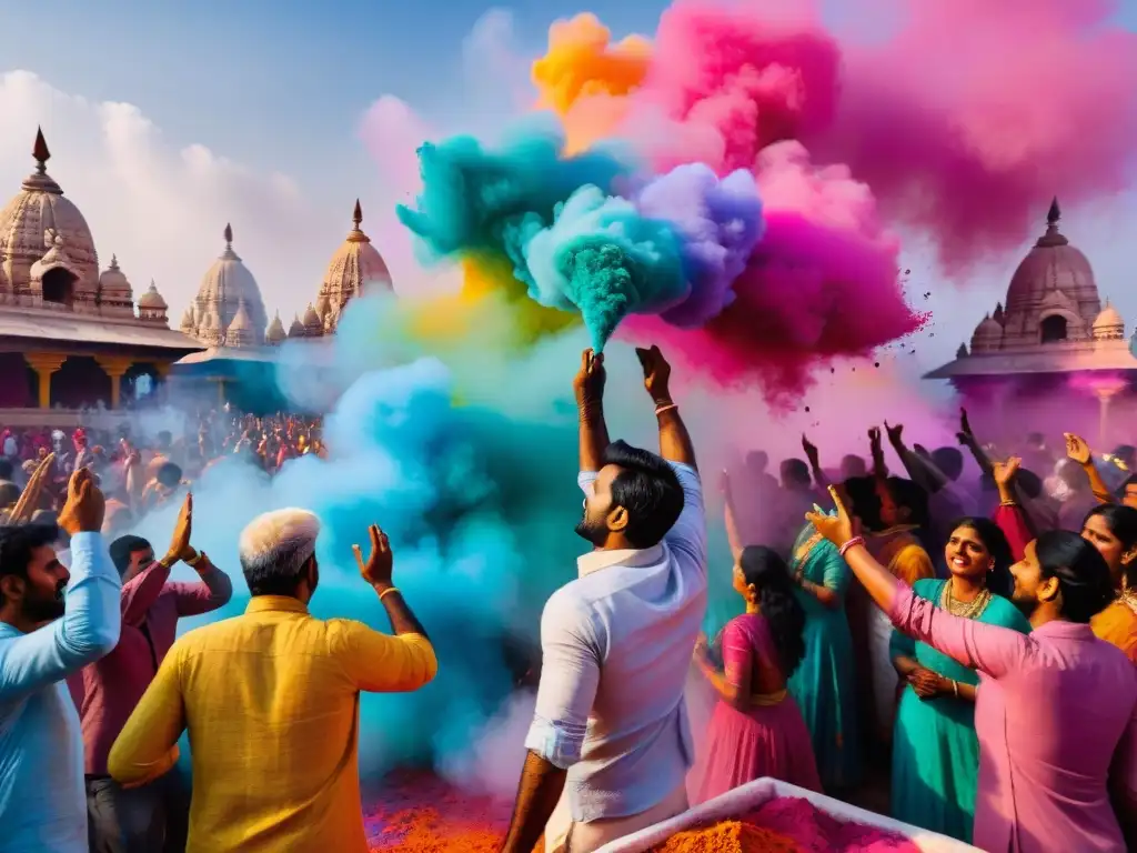 Celebración vibrante de Holi en India, con gente arrojando polvos de colores y templos antiguos de fondo