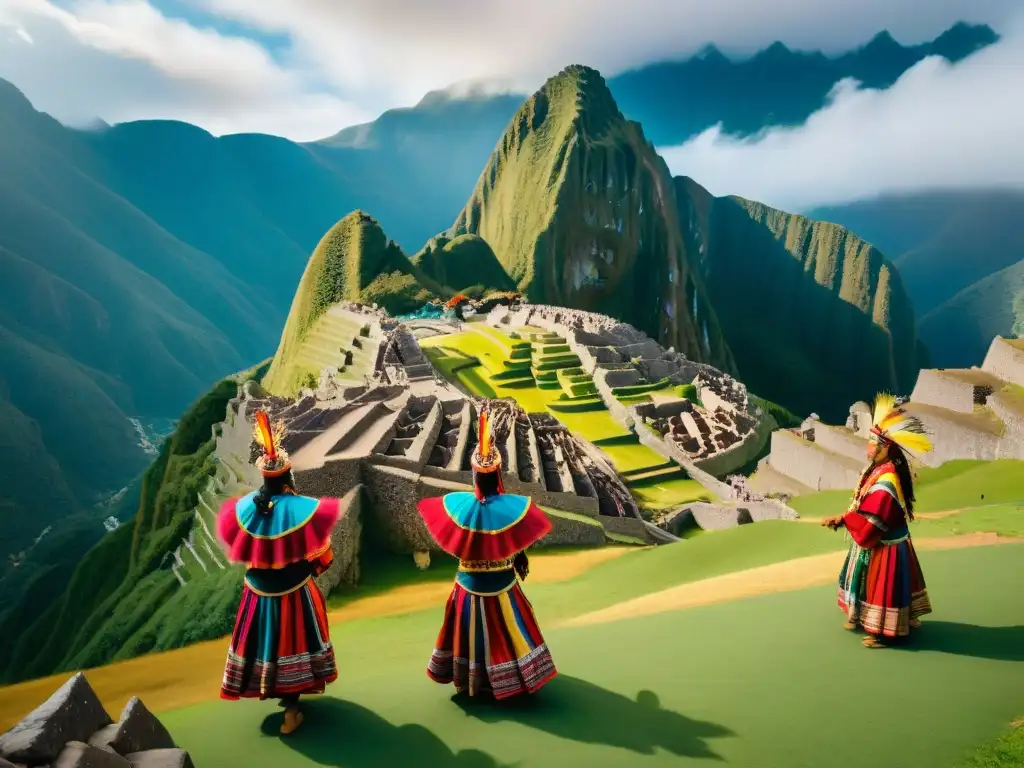 Celebración vibrante del Inti Raymi Imperio Inca solsticio: danza Quechua en Machu Picchu