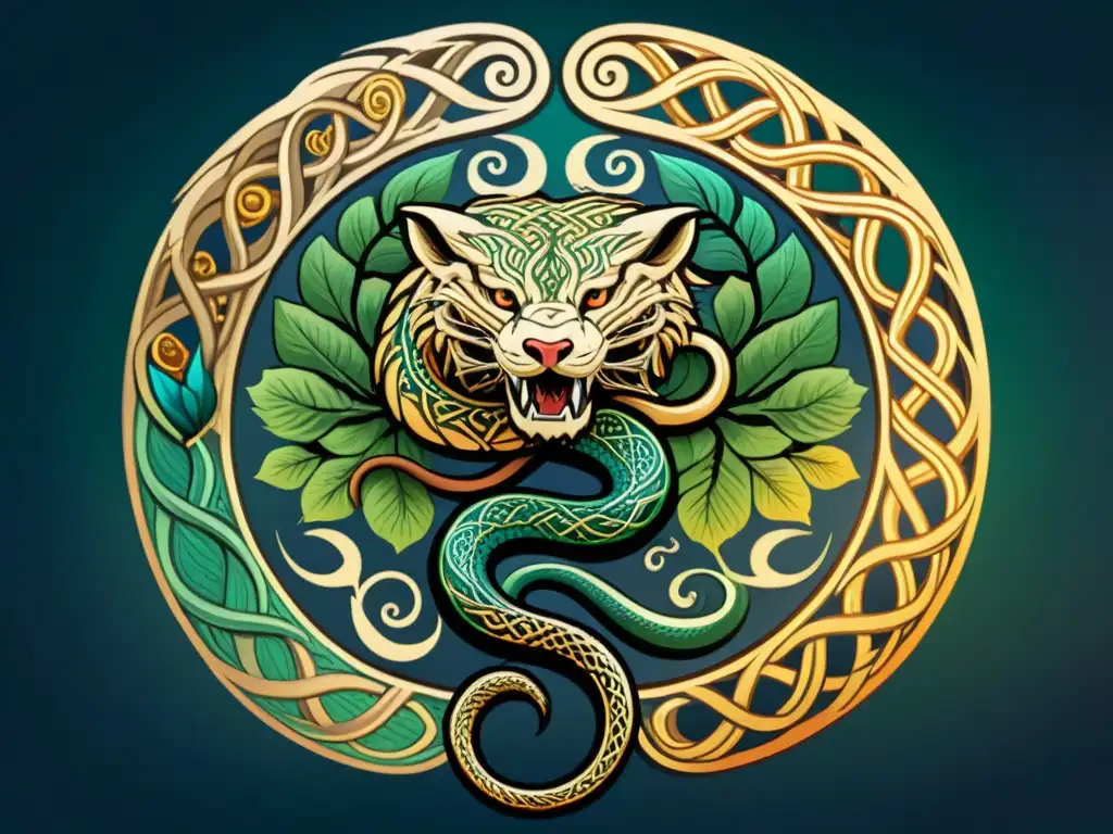 Vibrante ilustración de Jörmungandr enroscado en Yggdrasil, simbolizando el significado y simbolismo del Ouroboros antiguo