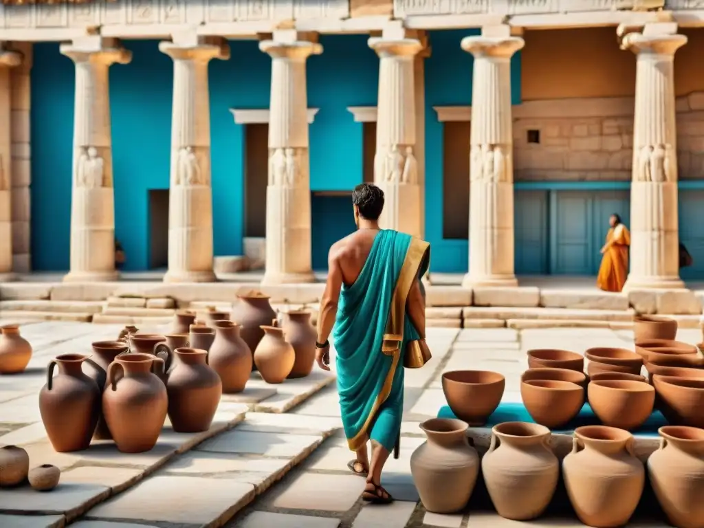 Vibrante mercado de la antigua Grecia con actividad económica y arquitectura clásica