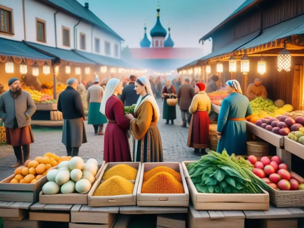 Un vibrante mercado en la antigua civilización eslava, con festividades agrícolas y comerciantes vendiendo frutas y verduras coloridas al atardecer