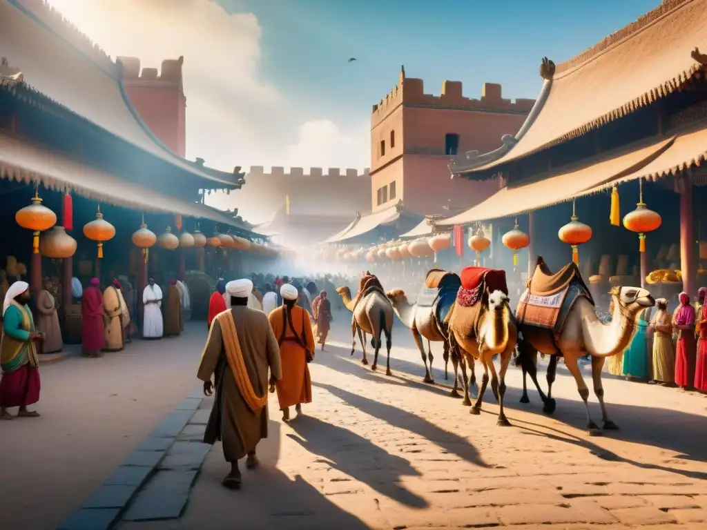 Mercado antiguo: intercambios culturales al rojo vivo Vibrante mercado antiguo en rutas comerciales entre civilizaciones, con comerciantes y mercancías variadas
