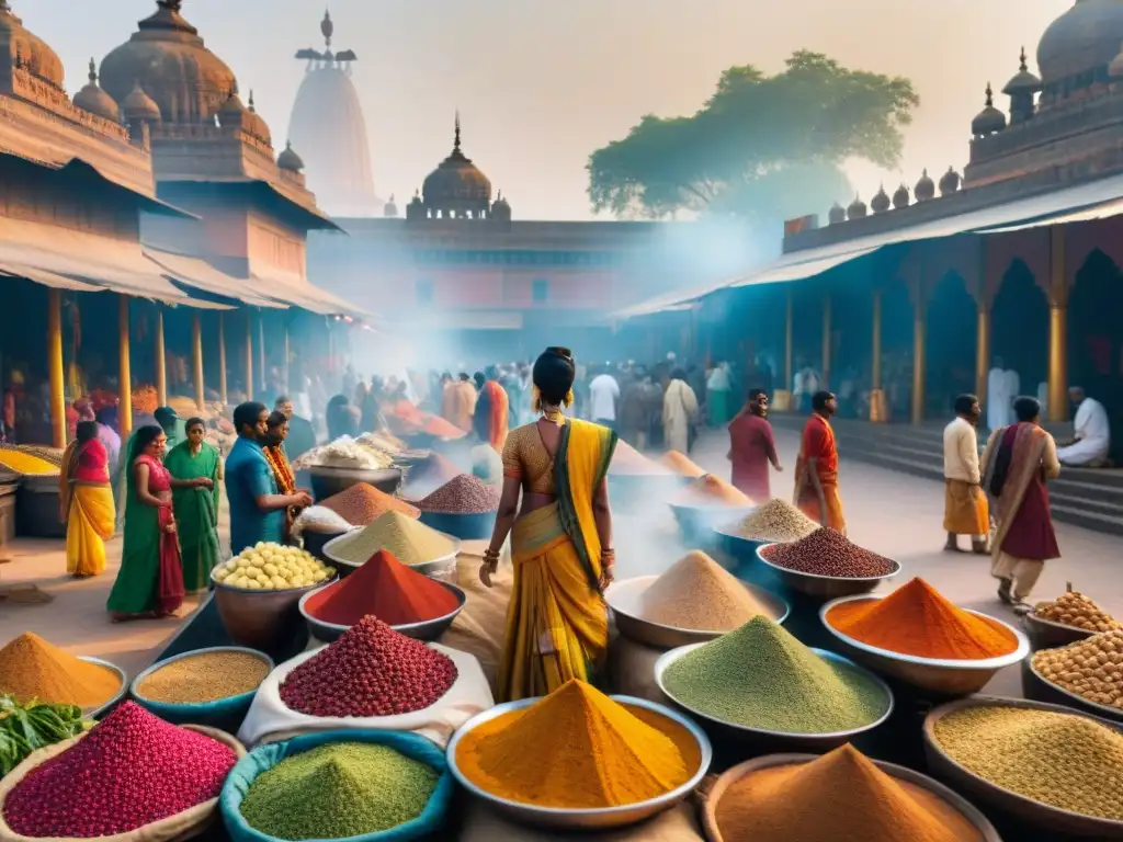 Un vibrante mercado indio antiguo rebosante de especias, frutas coloridas y hierbas aromáticas