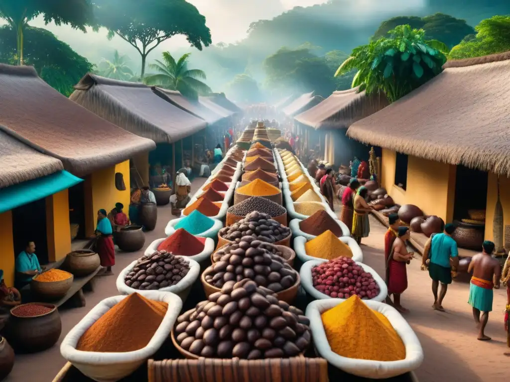 Vibrante mercado maya con cacao, personas y árboles, reflejando el origen y uso del cacao