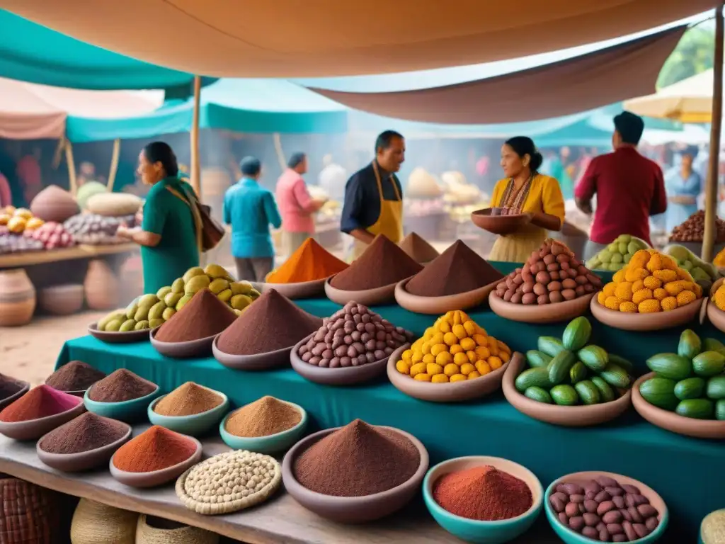 Vibrante mercado mesoamericano con cacao, alfarería y comercio tradicional