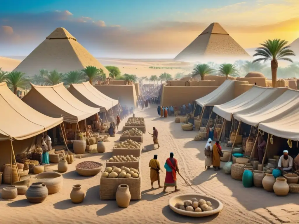 Vibrante mercado de Mesopotamia con comercio y arquitectura antigua