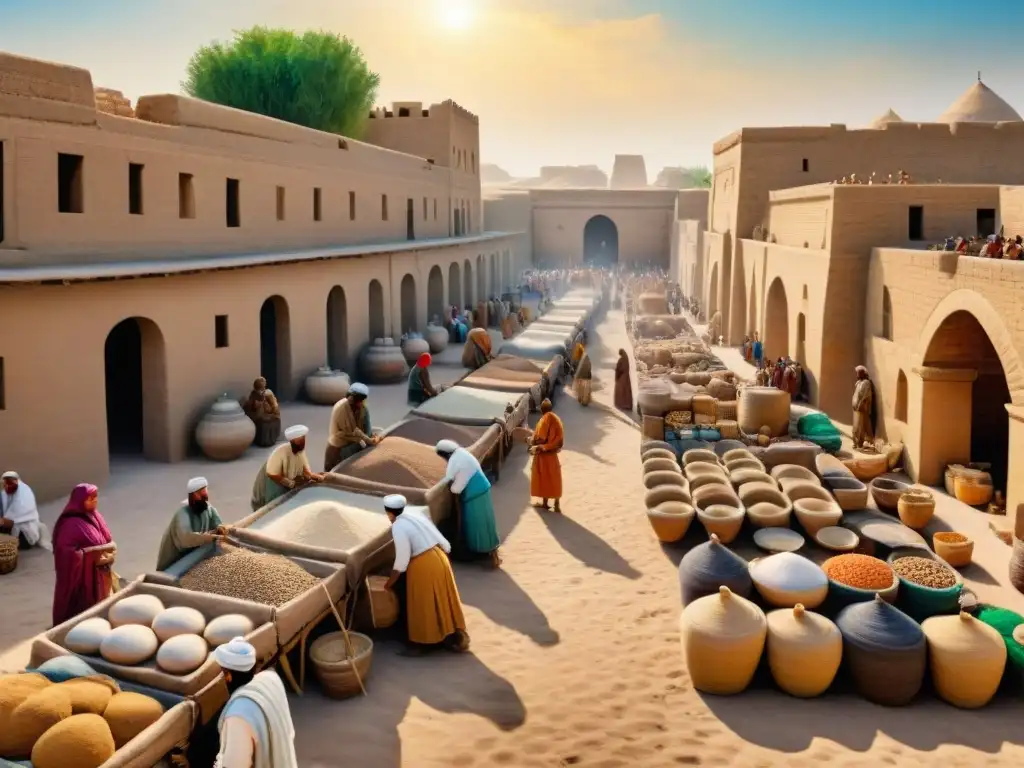 Mercado vibrante en Mesopotamia: comercio y vida en la antigüedad Vibrante mercado mesopotámico antiguo: comercio y diversidad en la economía y conflictos Mesopotamia antigua