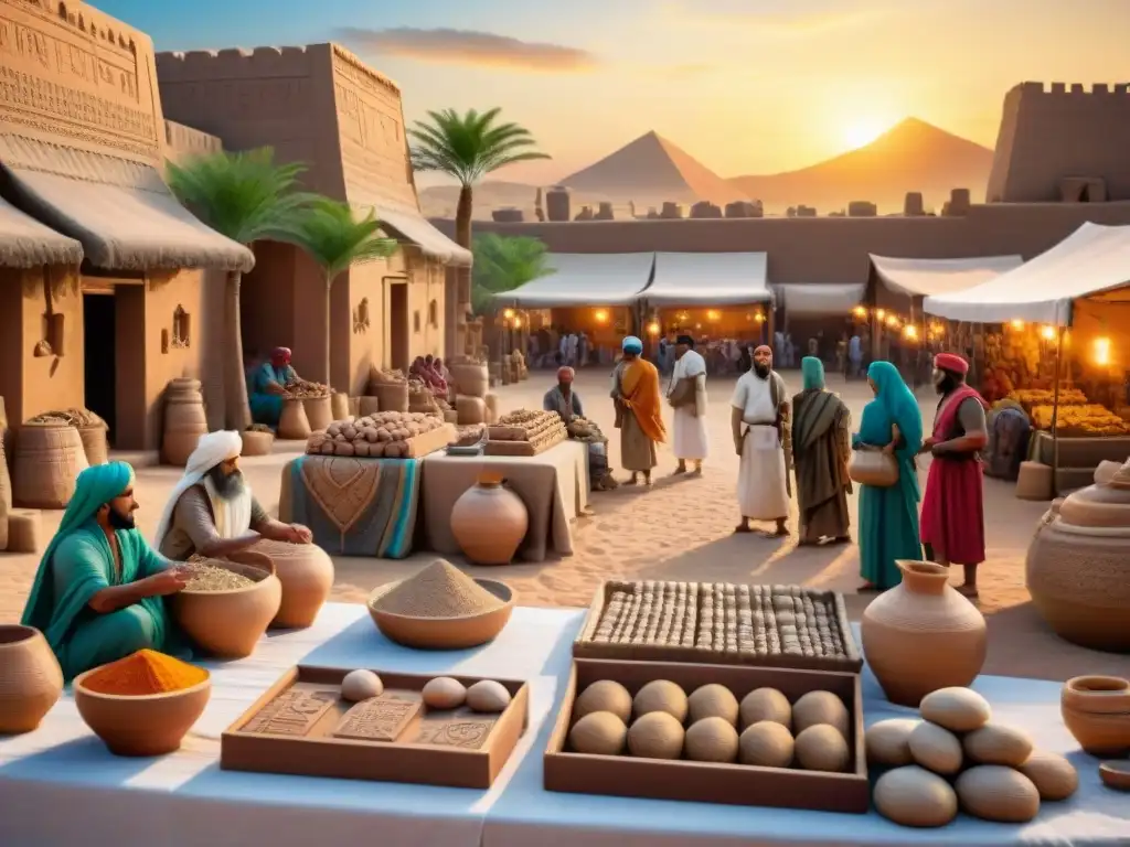 Mercado Mesopotámico: Comercio y Acuerdos en Arcilla Vibrante mercado mesopotámico con comerciantes y acuerdos comerciales en tabletas de arcilla
