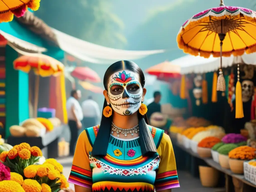 Vibrante mercado mexicano en Día de los Muertos significado: calaveras, flores y tradiciones coloridas