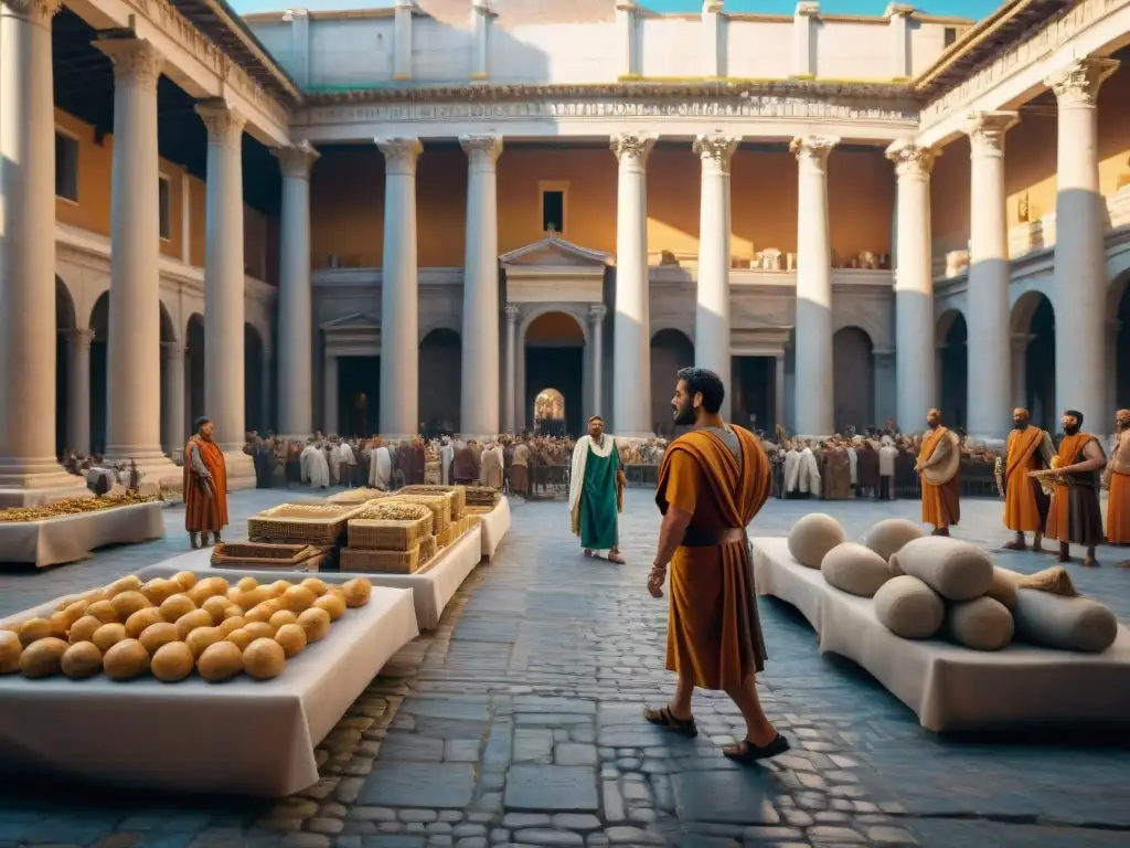 Vibrante mercado romano con comerciantes, ciudadanos y esclavos en plena actividad