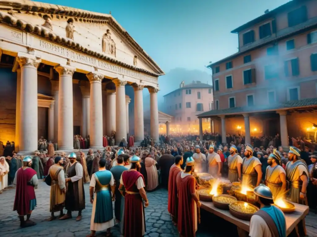 Vibrante mercado romano durante el festival Saturnalia, con Inversión social en Roma Antigua