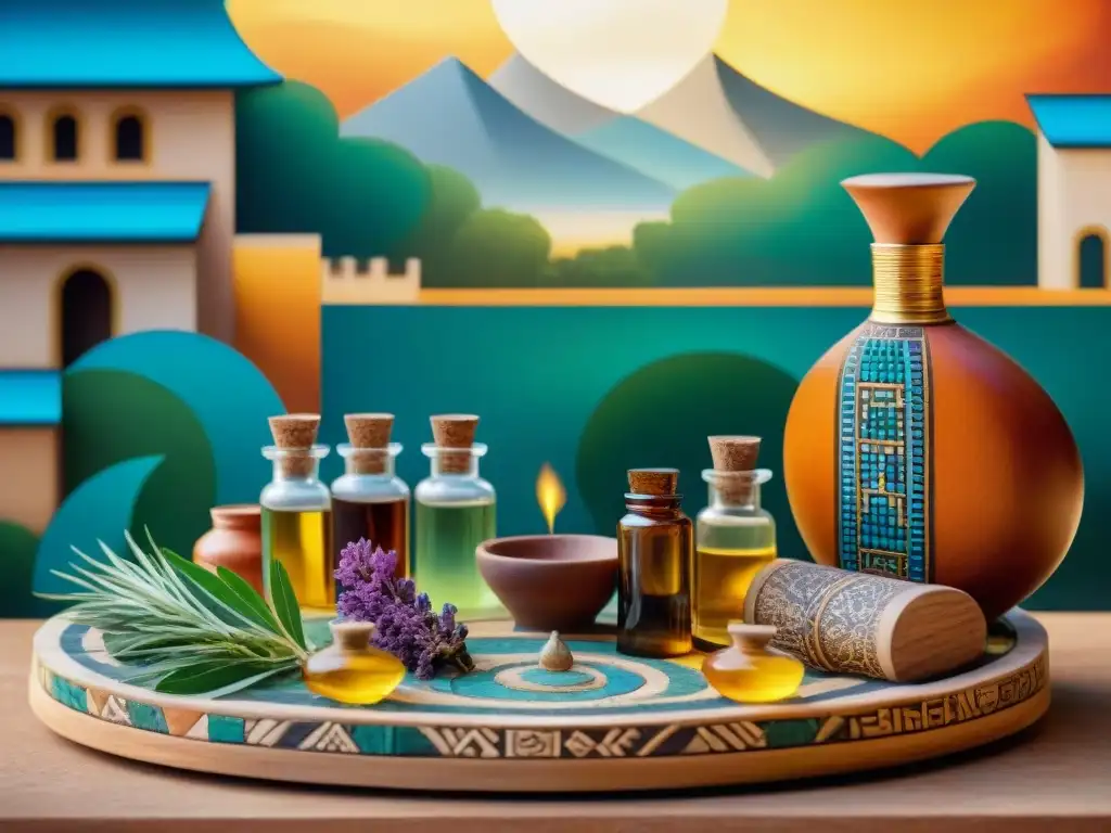 Escena milenaria: extracción de aceites esenciales en mercado antiguo Vibrante mosaico de civilizaciones antiguas practicando aromaterapia en bullicioso mercado