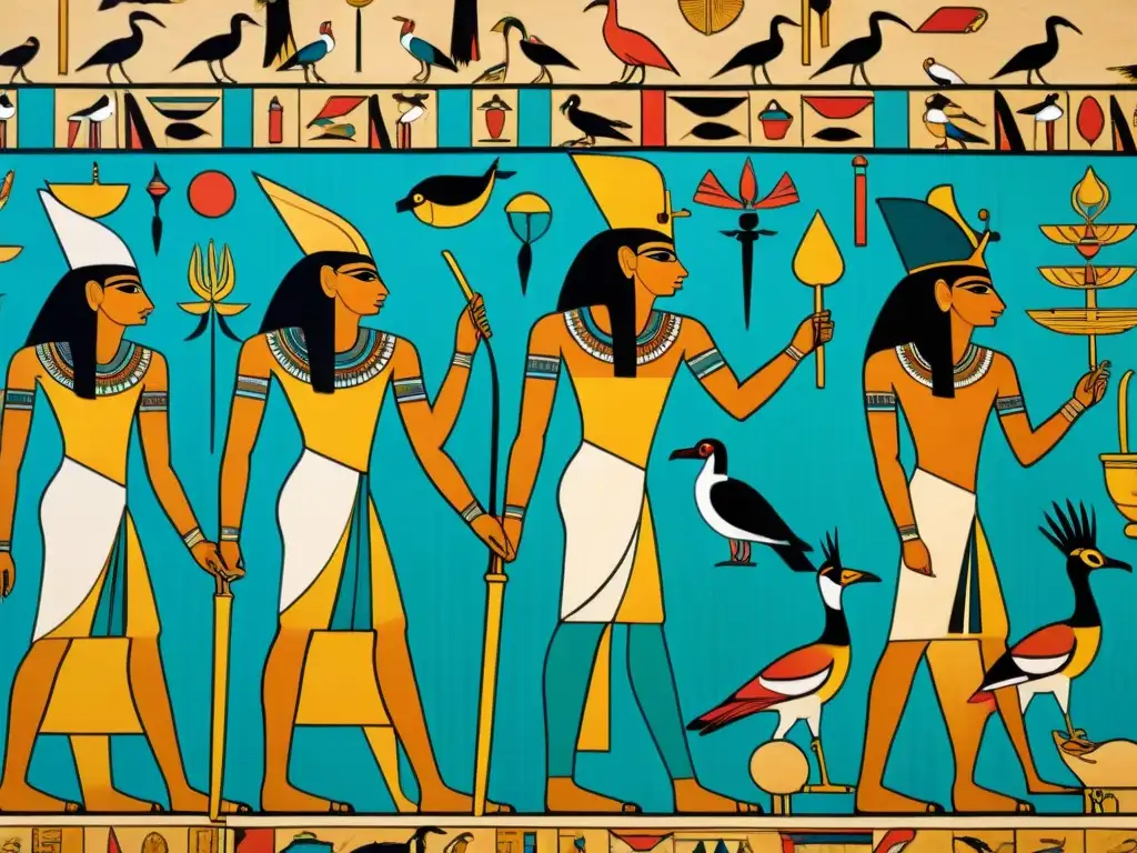 Vibrante mural del culto a los animales en Egipto con sacrificios ceremoniales