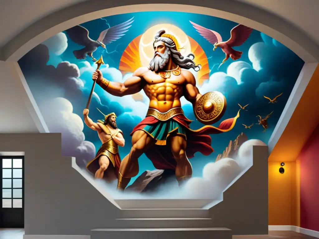 Un vibrante mural de la épica batalla entre Zeus y los Titanes en la mitología griega, arte urbano lleno de color y detalle