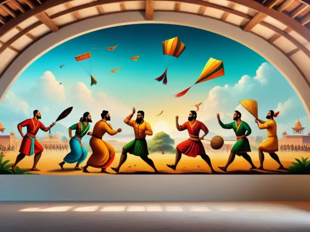 Vibrante mural de India Antigua con juegos y deportes tradicionales: kabaddi, danzas, cometas y espectadores animados en campo polvoriento