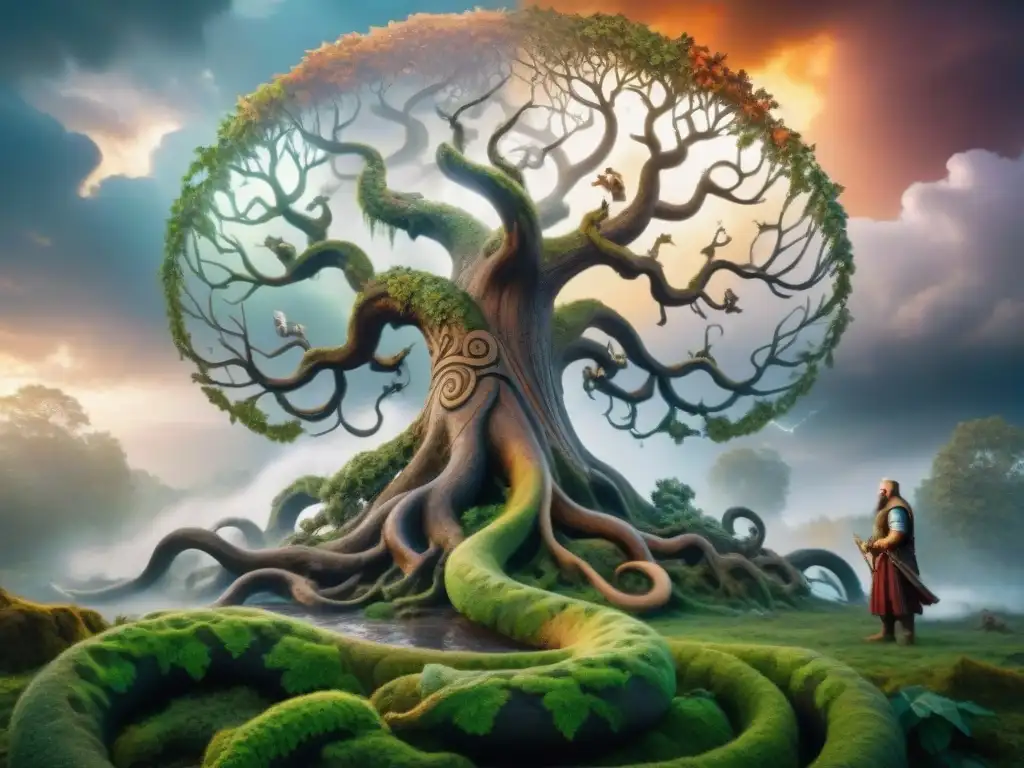 Vibrante mural de mitología eslava: dioses crean la naturaleza entre energías cósmicas, árbol de roble y lucha eterna