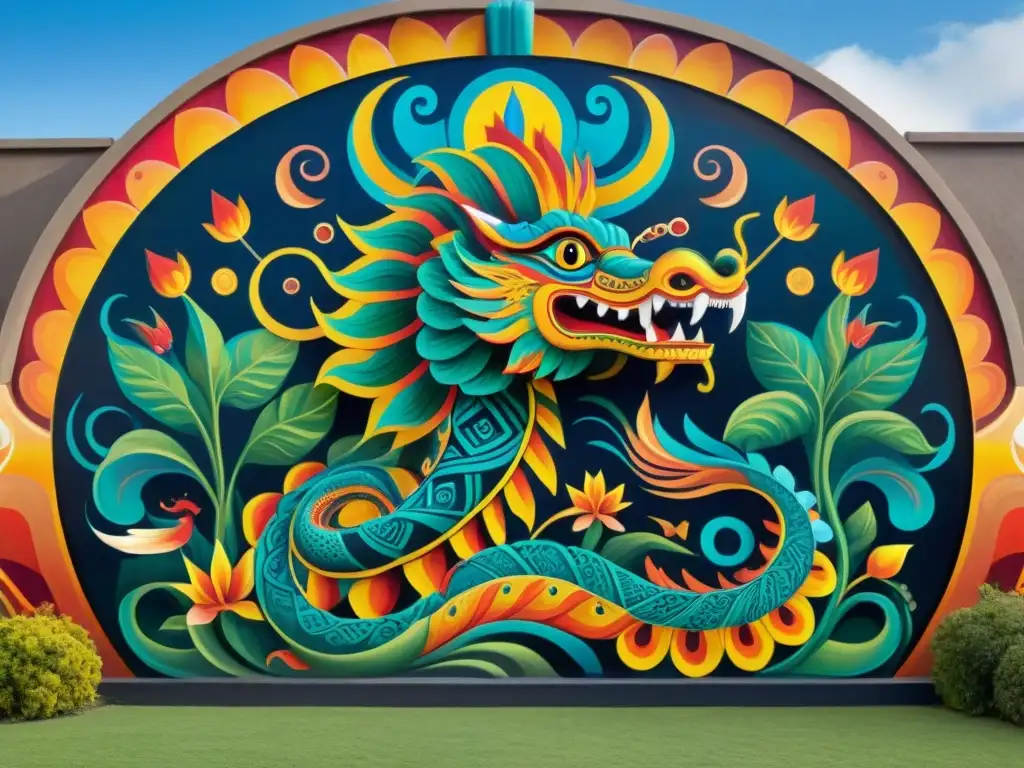 Vibrante mural de Quetzalcoatl creando el mundo en la cosmogonía mesoamericana