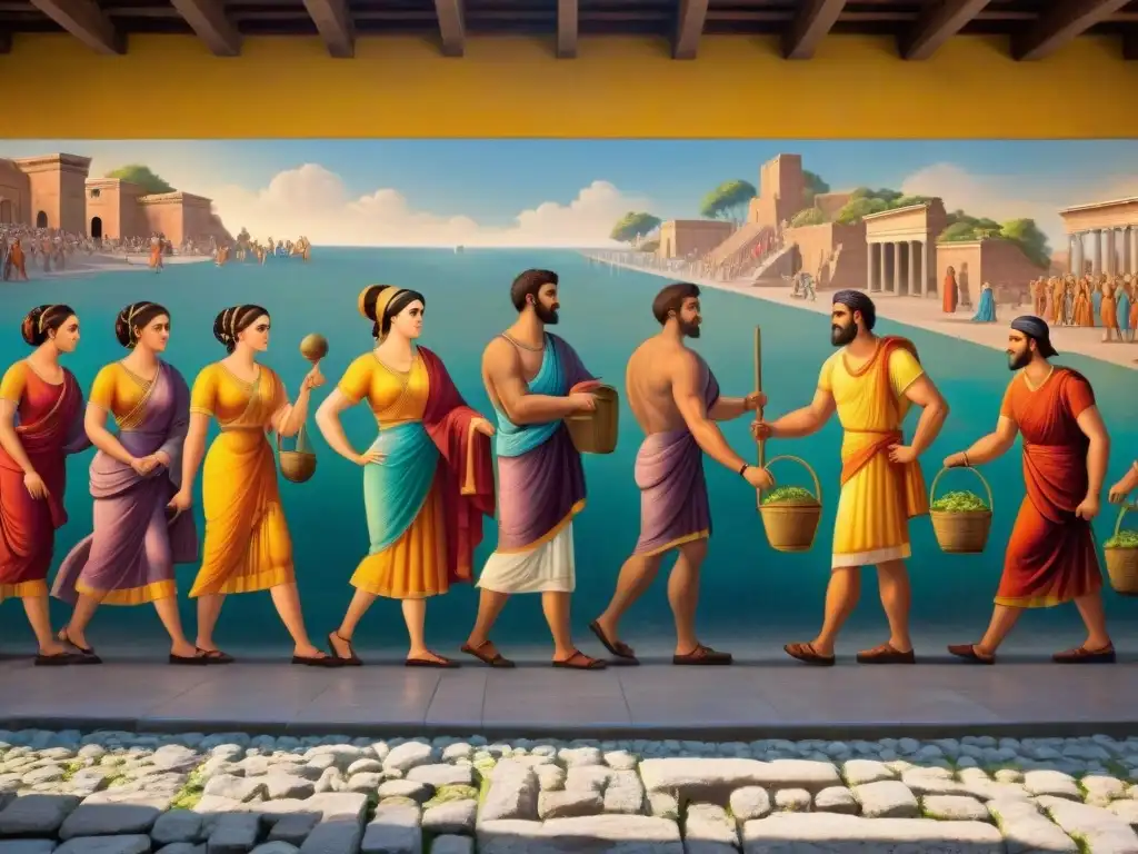 Vibrante mural romano en ruinas de Pompeya con escena de mercado y detalles arquitectónicos