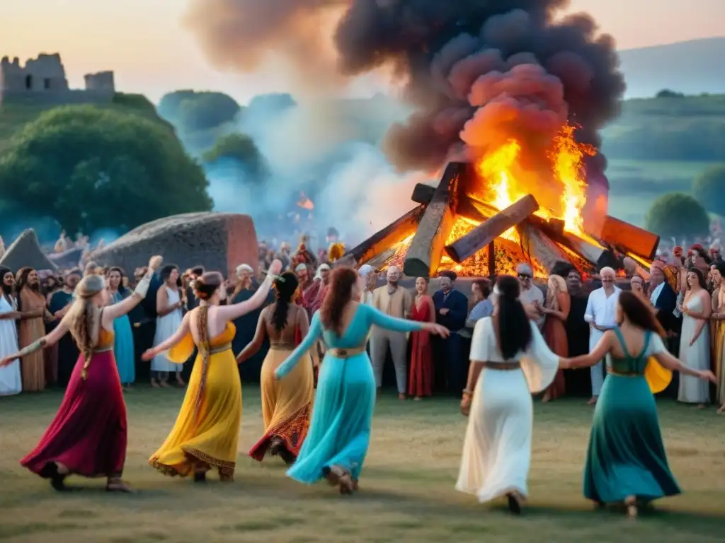 Vibrante celebración pagana de solsticio de verano en ruinas antiguas, con gente diversa bailando alrededor de una hoguera bajo las estrellas