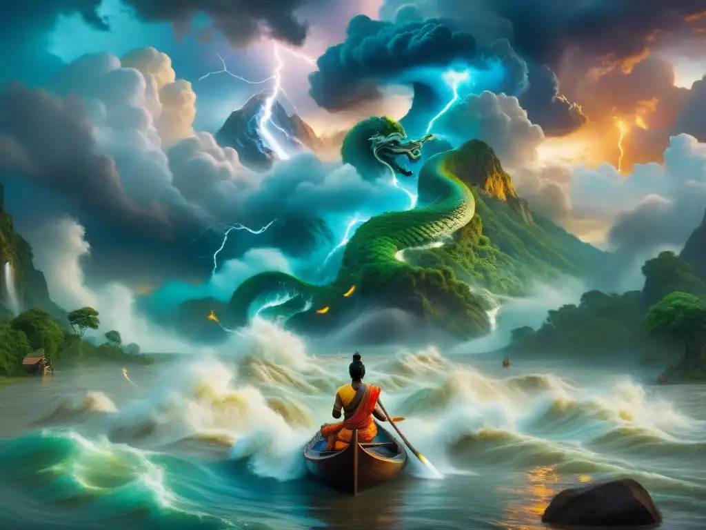 Vibrante pintura del Diluvio Universal en la mitología hindú, con Lord Vishnu sobre una serpiente gigante