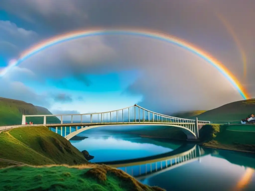 Vibrante puente Bifröst en paisaje cósmico, conectando reinos y custodiado por criaturas míticas