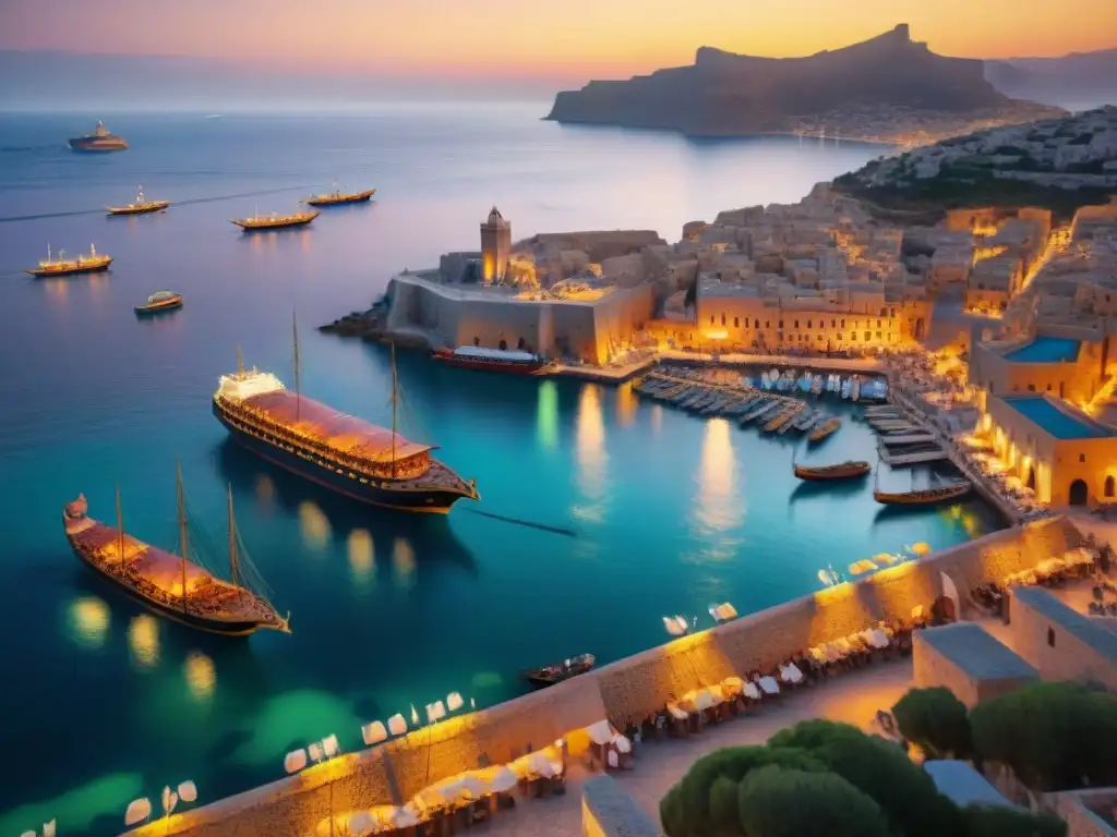 Vibrante puerto fenicio al atardecer, con barcos, comerciantes y el mar Mediterráneo