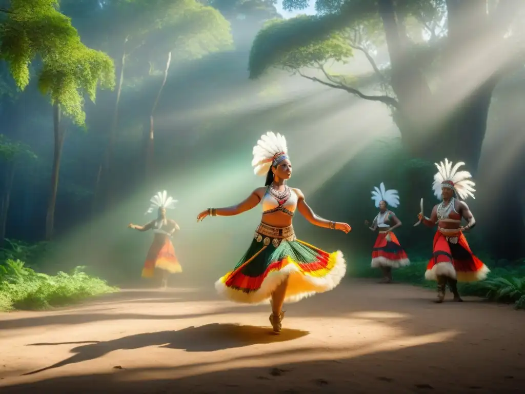 Un vibrante ritual de danzas aborígenes en un claro del bosque, lleno de significado y tradiciones ancestrales