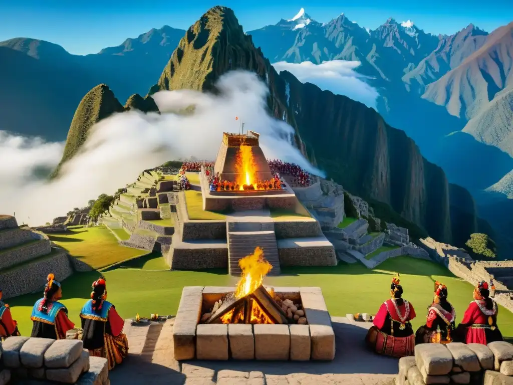 Vibrante ritual Inca con danzas alrededor del fuego sagrado, en complejo ceremonial