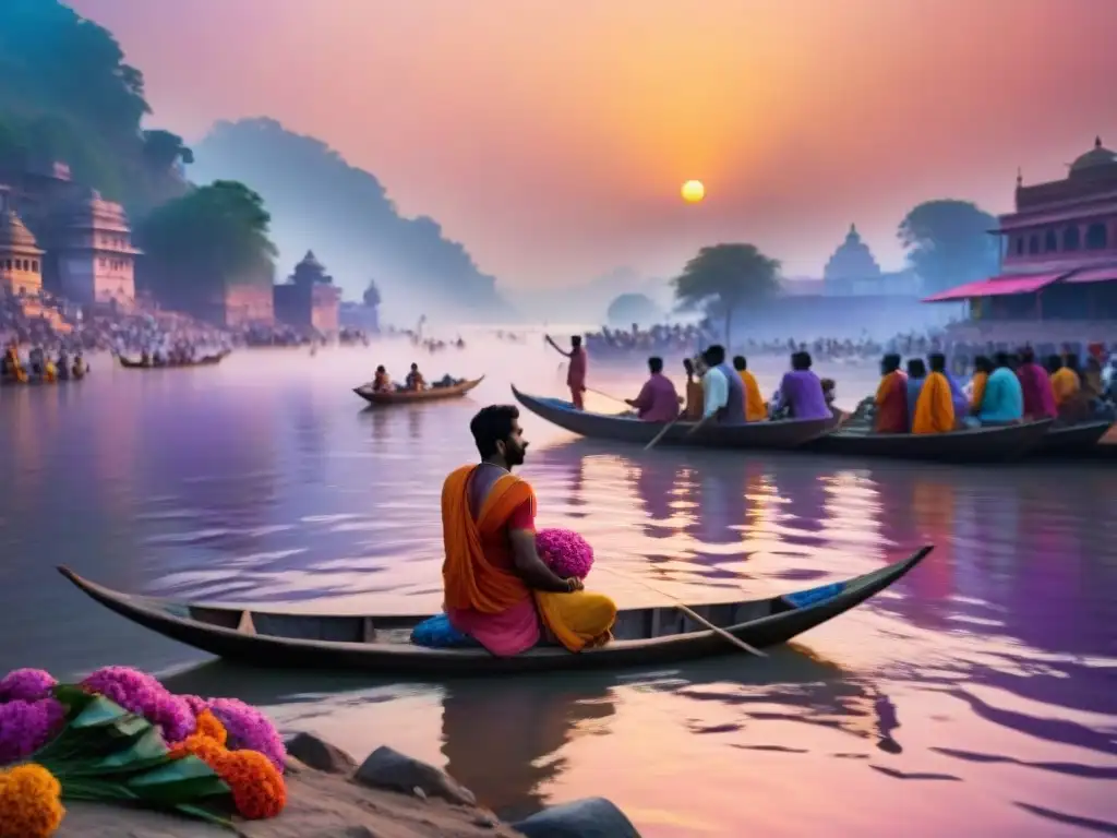 Vibrante amanecer en el Ganges con rituales de purificación