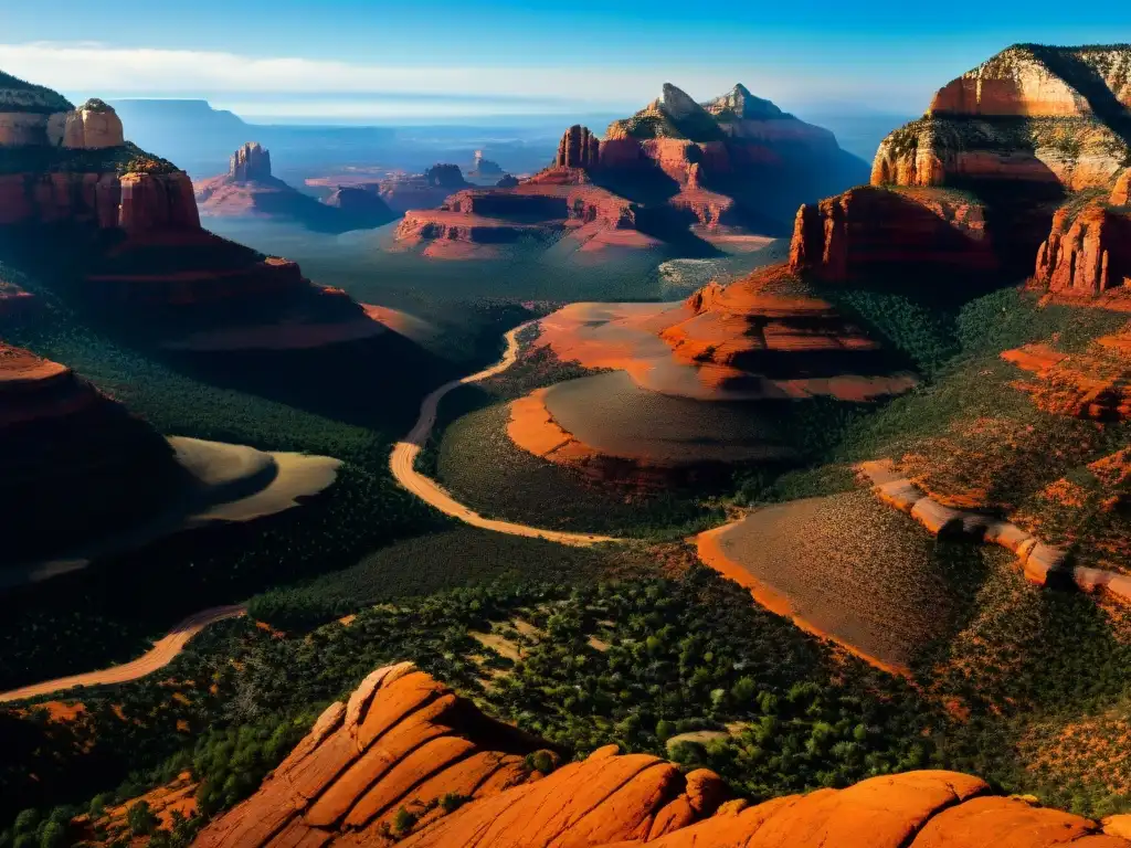 Vibrante formación rocosa en Sedona Arizona con vórtices energéticos y texturas únicas, iluminada por el sol