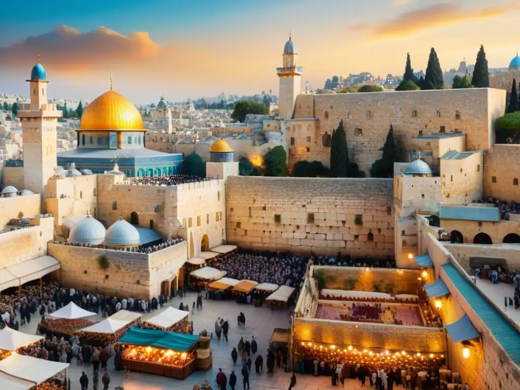 Vibrante Jerusalén ciudad sagrada misterios, con la Cúpula de la Roca dorada y la Muralla Occidental al atardecer