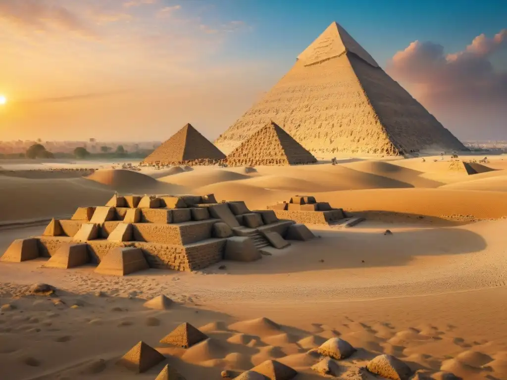 Vibrante vista panorámica de las Pirámides de Giza en 3D, con tonos cálidos y detalles intrincados