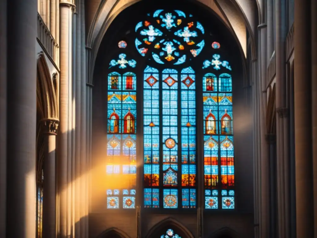 Vibrante vitral en la Catedral de Chartres, mostrando geometría sagrada y místicos colores