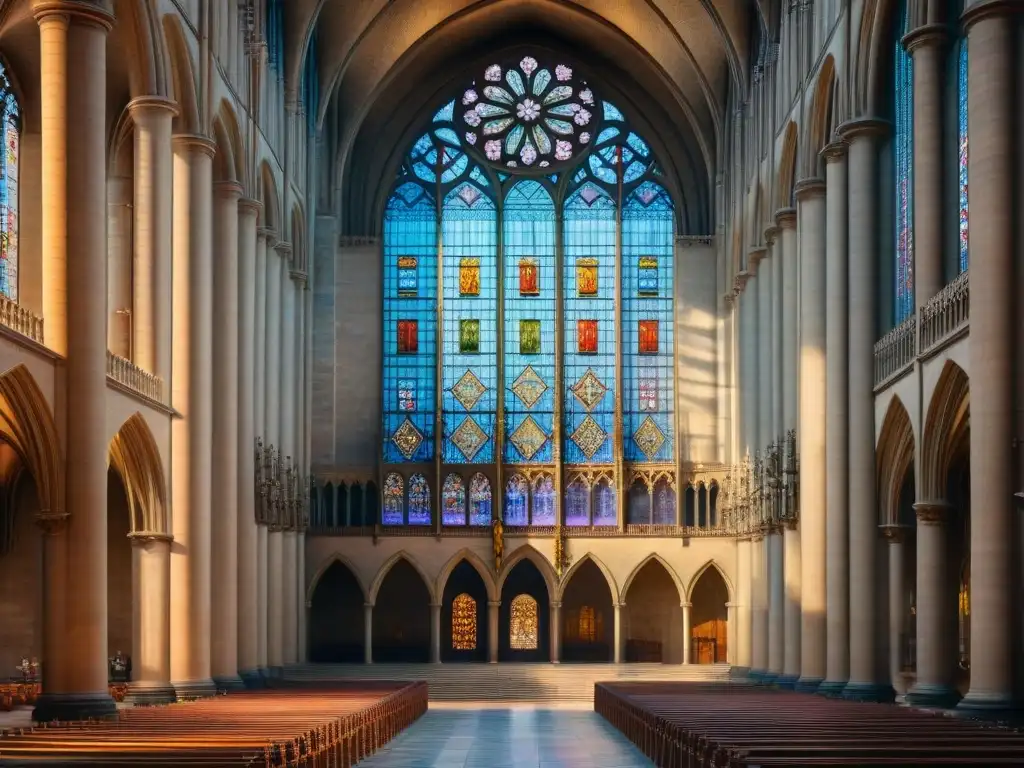 Vibrantes luces del sol iluminando los vitrales de Notre Dame, reflejando siglos de historia y la restauración de la Catedral Notre Dame