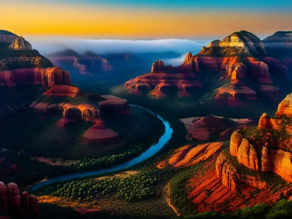 Vibrantes vórtices energéticos Sedona alma iluminan paisaje rocoso al atardecer